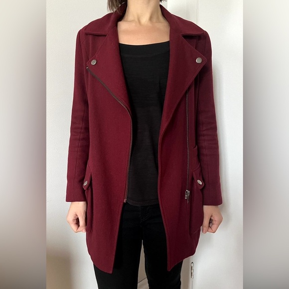 Asos Biker burgundy coat jacket wool manteau laine motard fall automne hiver - Picture 4 of 5